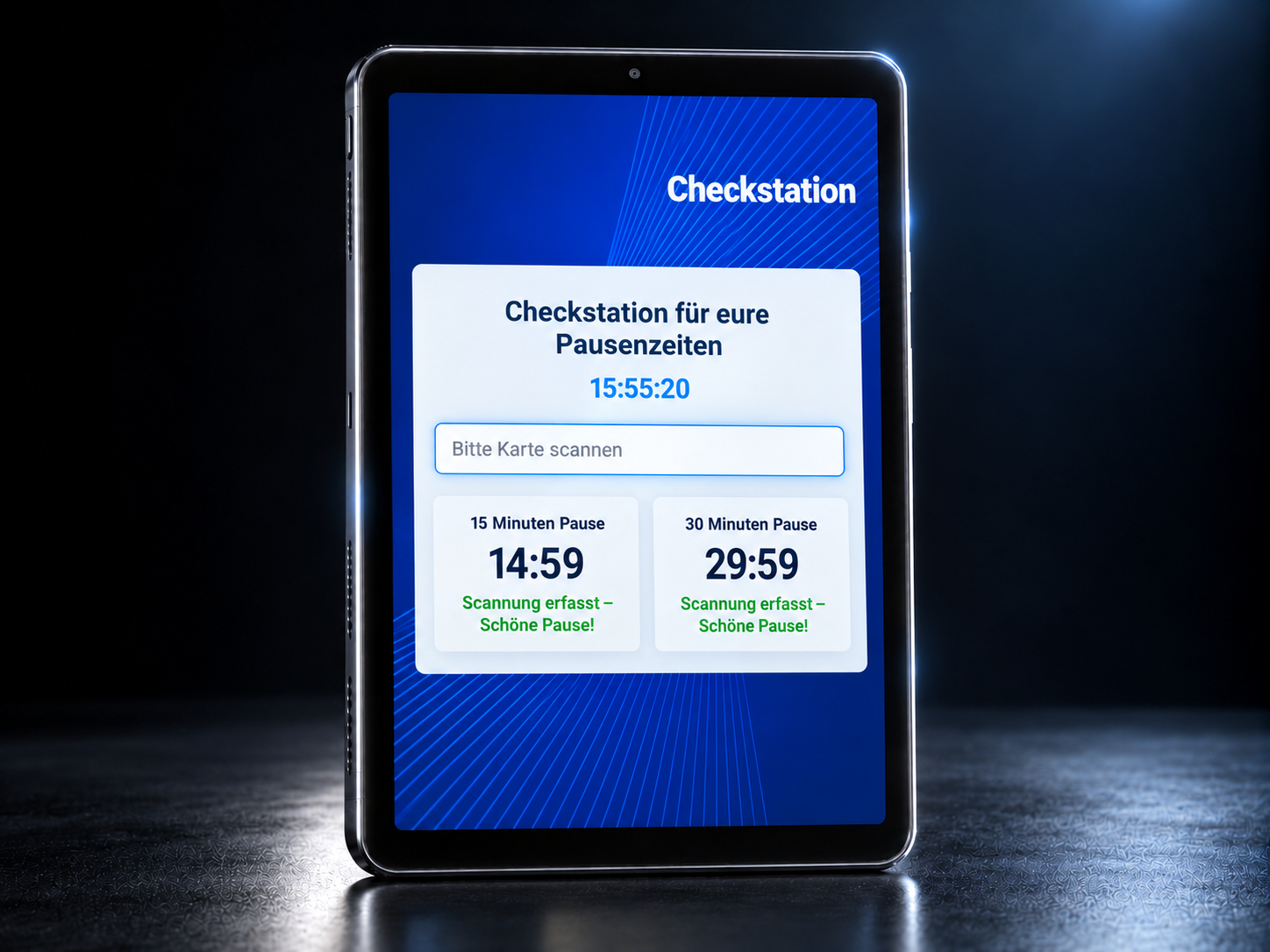 Checkstation zur persönlichen Kontrolle der Pausenzeiten auf einem schwarzen Tablet