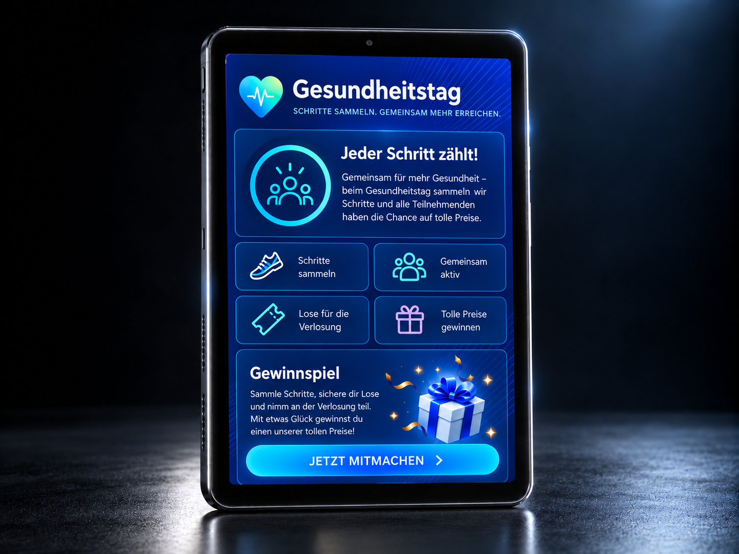 Gesundheitstag mit gemeinsamer Schrittaktion und Gewinnspiel auf einem schwarzen Tablet